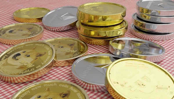 Cryptocurrency coins arranged to represent price and market data
